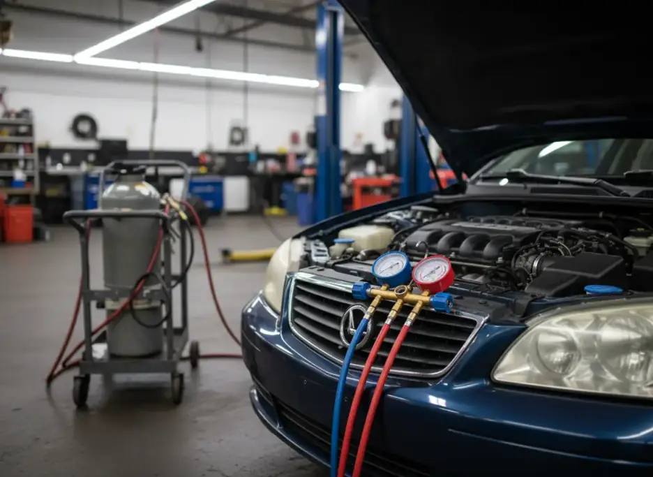 A car with the hood open and A/C manifold gauge hoses connected to its service ports