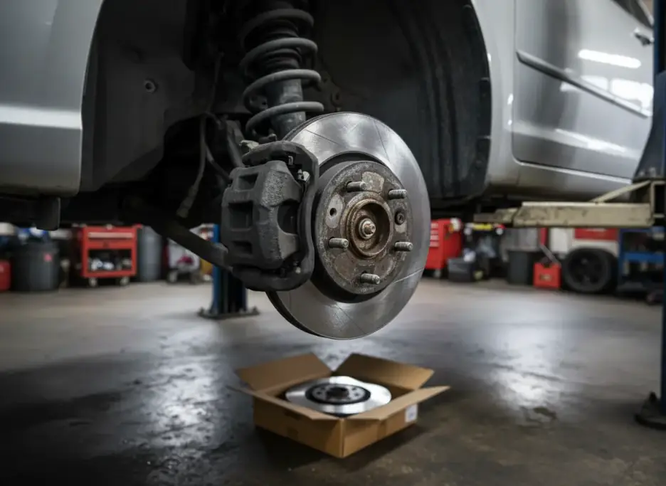 Front corner of a car on a lift with the wheel off, showing the brake rotor and caliper, a new rotor boxed on the floor