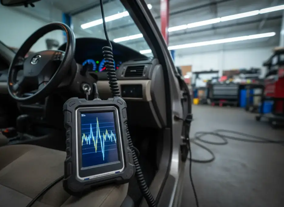 A handheld scan tool on a car's driver's seat, cabled to the diagnostic port under the dash