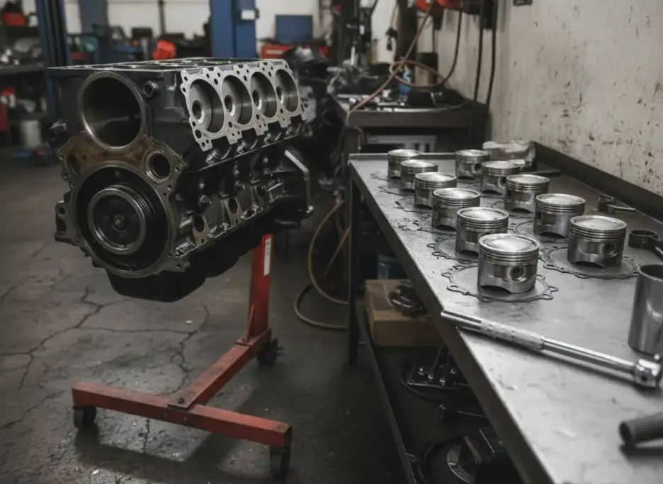 A bare engine block on a red engine stand with pistons laid out on a steel bench