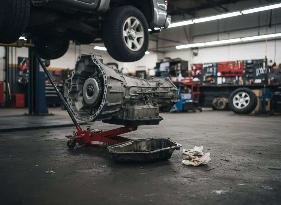 An automatic transmission lowered onto a red transmission jack under a lifted pickup truck